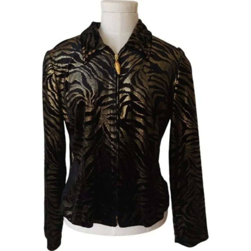 Vintage Joseph Ribkoff trends black and gold velvet zebra print cardigan
